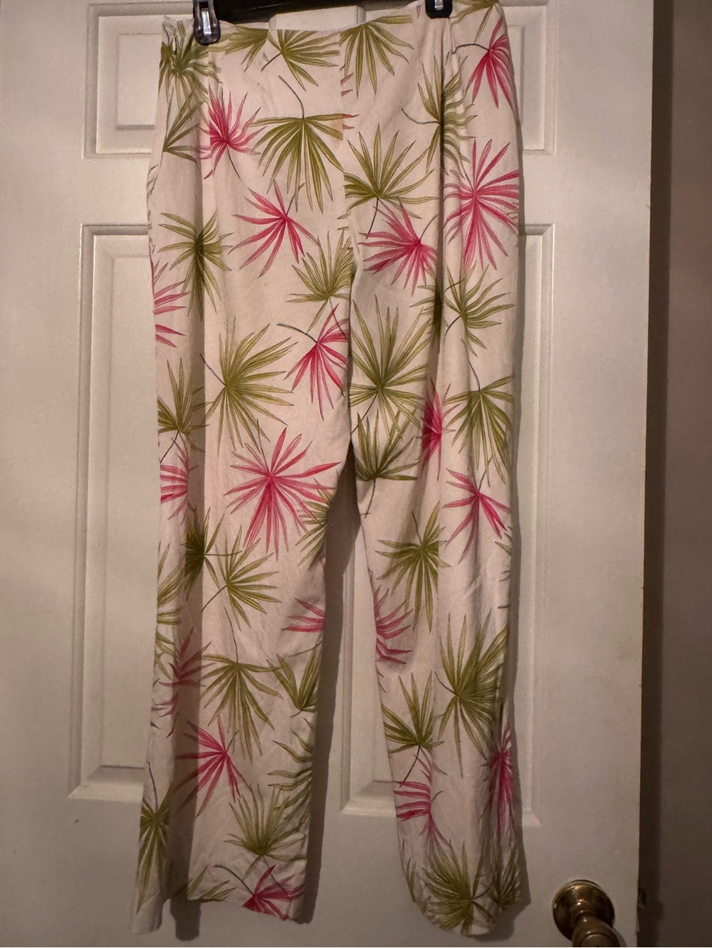 Talbots Cream Palm Print Pants in Pink and Green